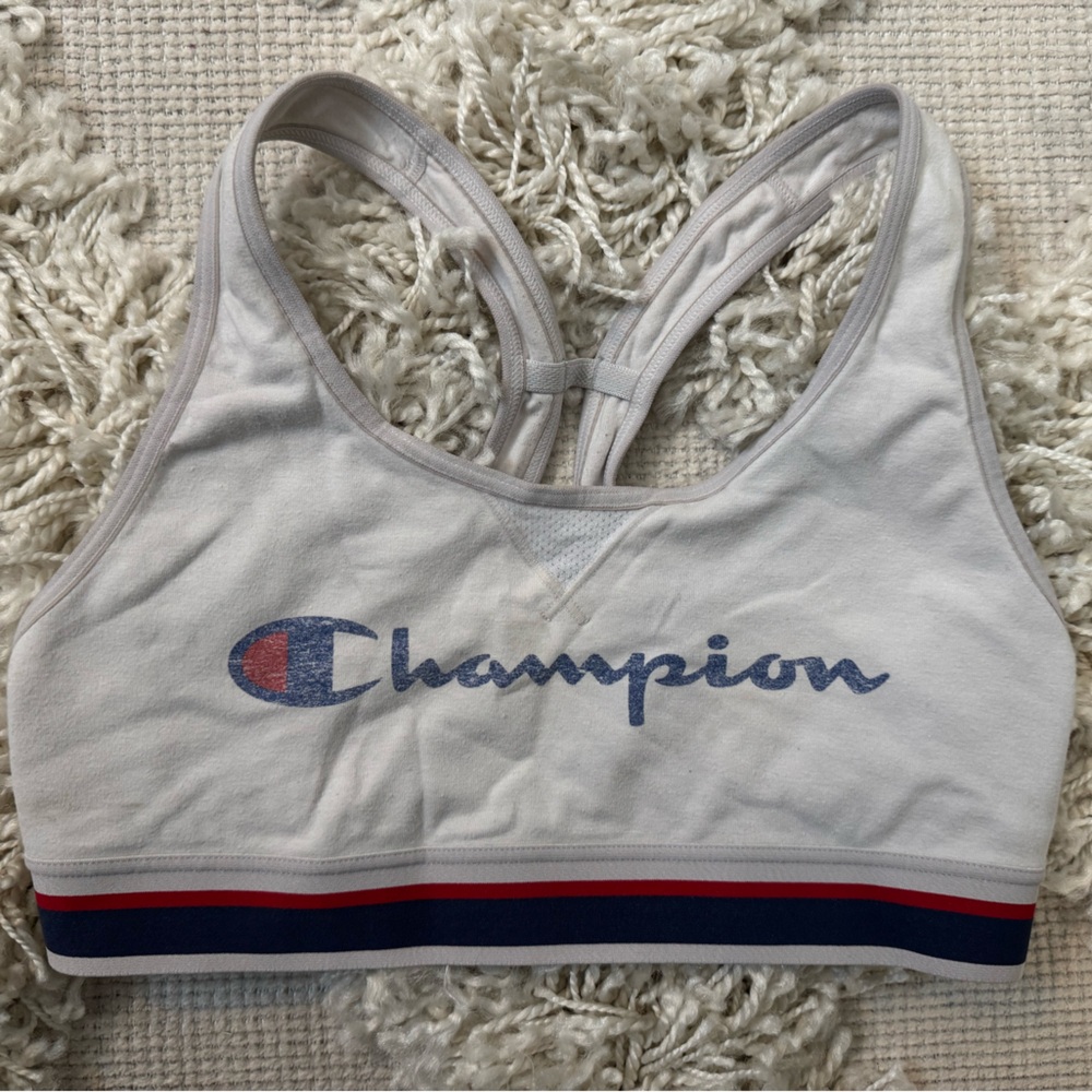 Vintage Champion White, Navy & Red Logo Racerback Sports Bra